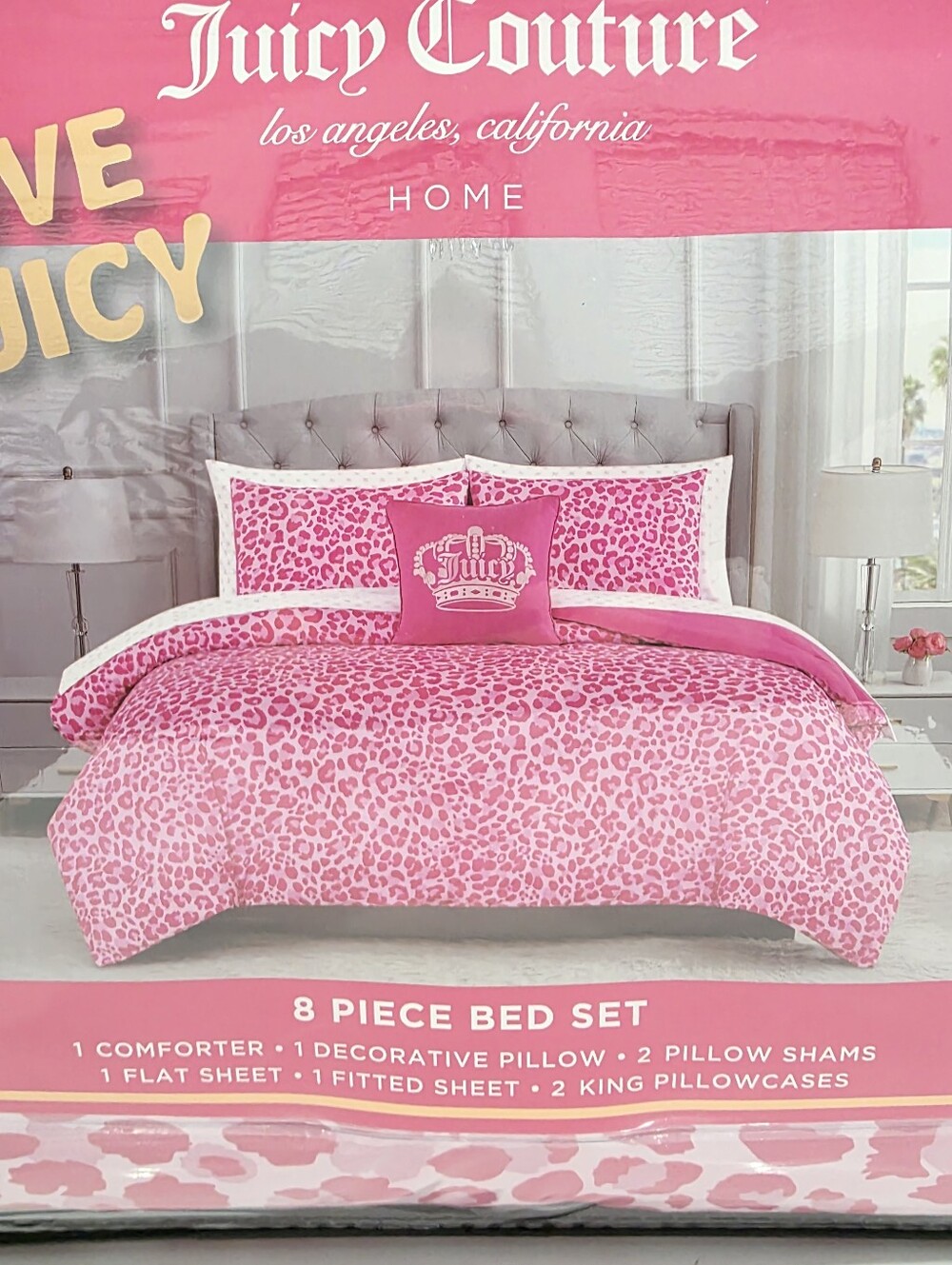 Juicy Couture KING 8 piece Pink Leopard Comforter and Sheets set